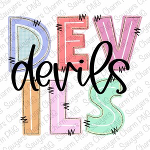 May include: A colorful graphic with the word "DEVILS" in large, stylized letters. The letters are in various pastel colors, outlined in black, and have a textured appearance. The word "devils" is written in a cursive font in black.