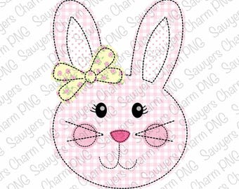 PNG faux applique/embroidery printable file Sublimation Heat Transfer Design Digital Clipart, Pink gingham Easter bunny rabbit, coquette bow