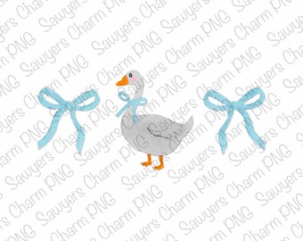 May include: A watercolor illustration featuring a gray goose with an orange beak and feet, wearing a light blue bow. Two additional light blue bows are also present. The background is white with a repeating pattern of text.