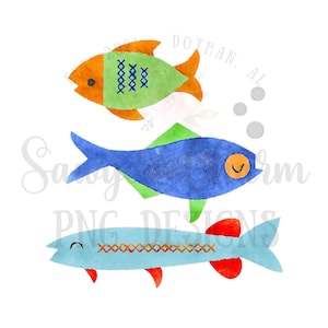 May include: Watercolor illustration of three colorful fish. The top fish is orange and green with blue cross-stitch details. The middle fish is blue with a green fin and orange eye. The bottom fish is light blue with red fins and orange cross-stitch details.