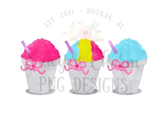 PAQUETE PNG acuarela Archivo imprimible/Sublimación/Diseño de transferencia de calor/Clipart digital Trío de bocadillos Snoball, con/sin moños, rojo, rosa y azul