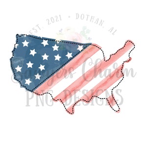 May include: A watercolor illustration of the United States of America in the shape of a map. The map is decorated with the American flag colors of red, white, and blue. The text "EST. 2021 - DOTHAN, AL" is written in a circle around the map.