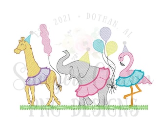 PNG falso boceto puntada bordado Archivo imprimible/Sublimación/Diseño de transferencia de calor/Clipart digital, Jirafa de fiesta, elefante, flamenco y tutús