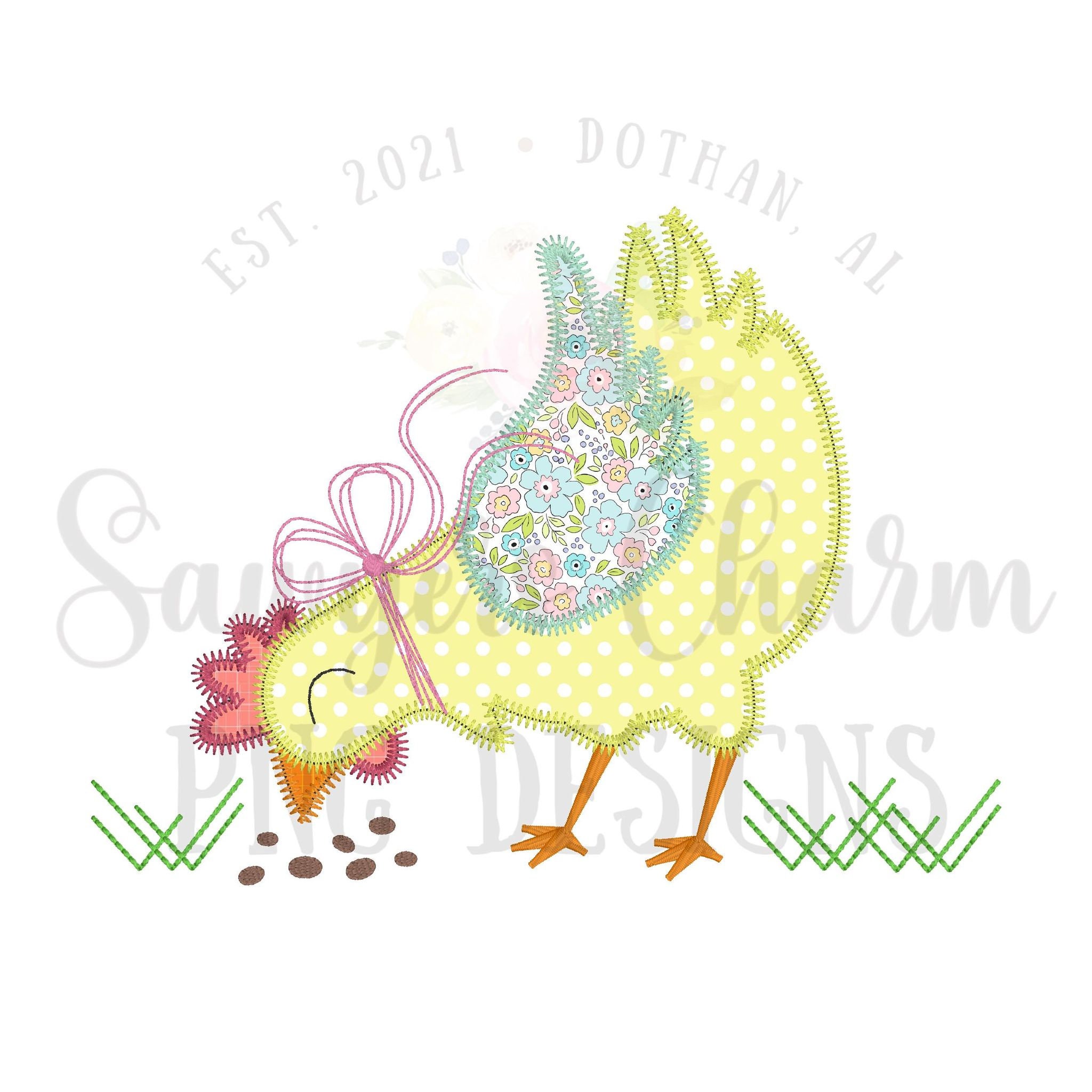 PNG faux zig zag applique Printable file - Sublimation/Heat Transfer Design - Digital Clipart - Coquette Polka dot & floral chicken with bow