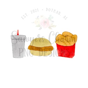 PNG watercolor Printable file/Sublimation/Heat Transfer Design/Digital Clipart Chicken sandwich, drink, fries, fast food trio, meal