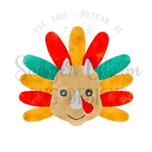 May include: A watercolor illustration of a brown triceratops with a red nose and yellow, red, and green feathers. The text "EST 2021 - DOTHAN, AL" is above the triceratops.