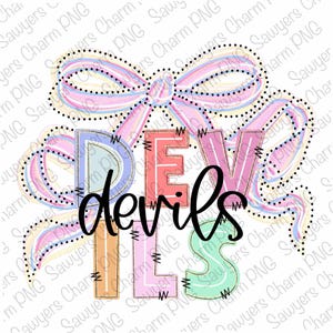 Peut inclure: Une conception graphique colorée avec le mot "devils" dans une police fantaisiste, avec les lettres "DEVILS" superposées. Le design comprend un nœud aux couleurs pastel sur fond blanc.