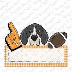 May include: A digital illustration featuring a cartoon dog head, a football, and a foam finger with the number 1. The design includes a blank rectangular banner with an orange and white gingham border, perfect for personalization.