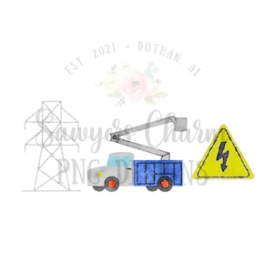 Op de afbeelding: Een aquarel-illustratie van een vrachtwagen met een hoogwerker, een elektriciteitsmast en een geel waarschuwingsbord met een bliksem. De vrachtwagen is blauw en grijs, en het bord is geel met een zwarte rand. De tekst "EST. 2021 - DOTHAN, AL" staat in een cirkel boven de illustratie.