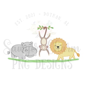 May include: Embroidered design featuring a gray hippopotamus, a brown monkey hanging from a branch, and a yellow lion. The design includes the text "EST. 2021 - DOTHAN, AL".