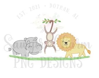 PNG faux sketch stitch embroidery Printable file/Sublimation/Heat Transfer Design/Digital Clipart, Zoo animals Hippo, monkey, lion, safari