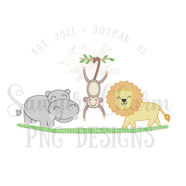PNG faux sketch stitch embroidery Printable file/Sublimation/Heat Transfer Design/Digital Clipart, Zoo animals Hippo, monkey, lion, safari