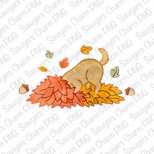 Pode incluir: Ilustração em aquarela de um cão brincando em uma pilha de folhas de outono. O cão é marrom claro, com a parte traseira e a cauda visíveis. Folhas laranja, amarelas e verdes espalhadas, com duas bolotas.