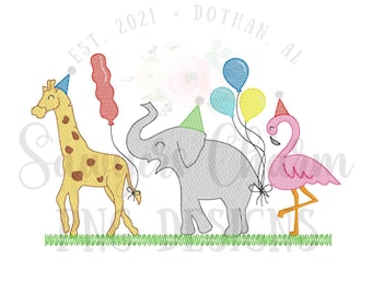 PNG falso boceto puntada bordado Archivo imprimible/Sublimación/Diseño de transferencia de calor/Clipart digital, niño jirafa, elefante, fiesta de flamencos