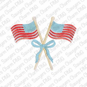 May include: Watercolour illustration of two crossed American flags with red and white stripes and blue fields, held by wooden poles. A light blue bow is tied where the poles cross. Patriotic theme.