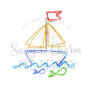 May include: A watercolor illustration of a sailboat with a red flag that says "EST. 2021 DOTAN, AL". The sailboat is in blue, yellow, and gray. There are two green fish swimming in blue water.