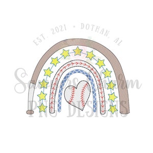 May include: A rainbow-shaped design with a baseball in the centre, surrounded by stars. The rainbow is made of red, blue, and white stitching. The text "EST. 2021 - DOTHAN, AL" is written above the rainbow.