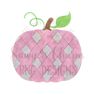 May include: Pink and white checkered pumpkin with a green leaf on top. The pumpkin is a watercolor illustration.
