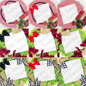 Op de afbeelding: Vier digitale afdrukbare frames met een kerstthema. Elk frame is omgeven door groen, rood en zwart buffalo plaid lint en een strik. De frames zijn leeg en klaar voor tekst of afbeeldingen.
