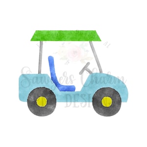 バンドル PNG 水彩画、印刷可能なファイル、昇華熱転写デザイン デジタル クリップアート、ゴルフ カート、女の子/男の子、ピンク/青、弓、パット、コース