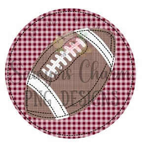 May include: A brown football with white laces on a red and white gingham background. The background has the text "EST. 2021" and "2027" on it.