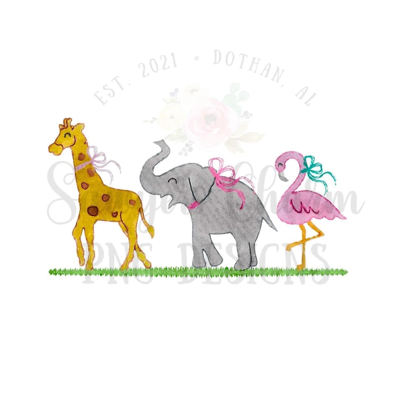 May include: Watercolor illustration of a giraffe, elephant, and flamingo with pink bows. The animals are standing on a green grassy surface. The text "EST. 2021 - DOTHAN, AL" is above the animals.