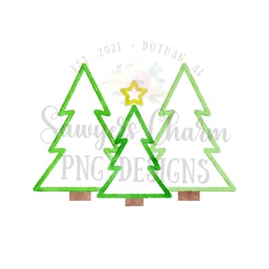 PNG aquarela Arquivo para impressão/Sublimação/Design de transferência de calor/Clipart digital, trio de contorno de árvores da floresta de Natal, estrela, boas festas