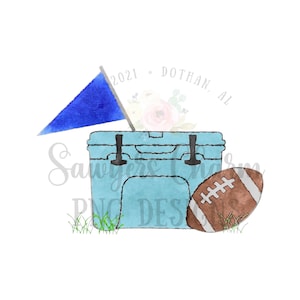 May include: A blue cooler with a blue flag sticking out of the top. A brown football is next to the cooler. The text "2021 - DOTHAN, AL" is written in a circle around the cooler.