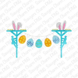 May include: A watercolor illustration of a string of Easter eggs hanging between two blue utility poles. Each pole has a bunny rabbit with pink ears perched on top. The eggs are decorated with different patterns and colors, including blue, yellow, and green.