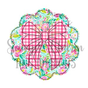 PNG faux applique Printable file -Sublimation - Heat Transfer Design - Digital Clipart - Scallop floral patch with gingham bow, coquette