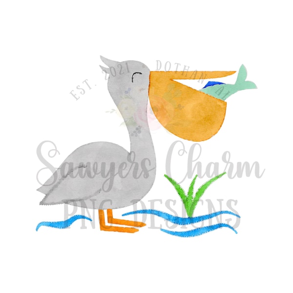 PNG Watercolor Printable file, Sublimation Heat Transfer Design Digital Clipart, Pelican with fish, water, sea grass, summer, ocean