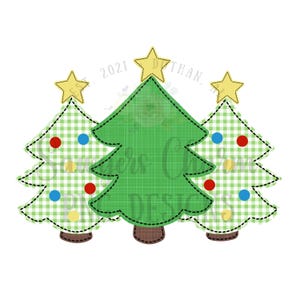 May include: Three green Christmas trees with yellow stars on top. Each tree has red and blue ornaments and a gingham pattern on the trunk.
