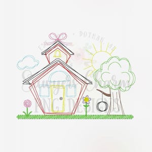 May include: A colorful embroidered design of a schoolhouse with a red roof, a yellow door, and windows. There is a tree with a tire swing, a sun, and a cloud. The text "Dothan, AL" is embroidered above the schoolhouse.