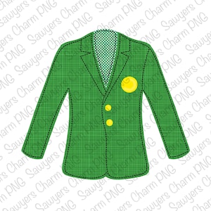 May include: A green blazer with a checkered pattern on the inside of the collar. The blazer has two yellow buttons and a yellow circle pin on the left side of the chest.