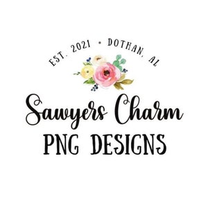 May include: Logo for Sawyers Charm PNG Designs, a business established in 2021 in Dothan, Alabama. The logo features a floral arrangement with pink, yellow, and white flowers, and the business name in a stylized font.
