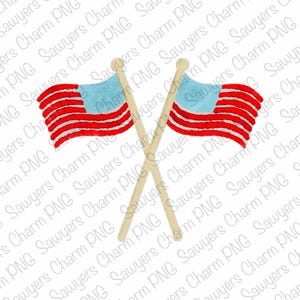May include: Two watercolour-style American flags with crossed wooden poles. The flags have red and white stripes with a blue field of stars. The flags are set against a white background.