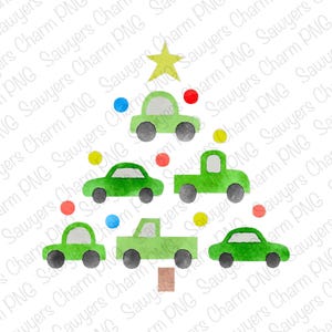 Fichier imprimable aquarelle PNG/Sublimation/Design transfert de chaleur/Clipart numérique, sapin de Noël voitures & camions, ornement étoile, transport
