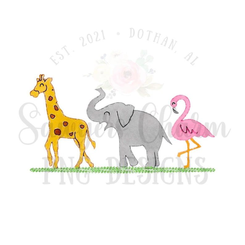 May include: A watercolor illustration of a giraffe, elephant, and flamingo standing on a green grass line. The text "EST. 2021 - DOTHAN, AL" is above the animals.