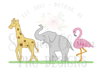 PNG falso boceto puntada bordado Archivo imprimible/Sublimación/Diseño de transferencia de calor/Clipart digital, niño jirafa, elefante, animales flamencos