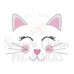 May include: Embroidered design of a white cat face with pink ears, pink cheeks, and a pink heart nose. The cat has black eyelashes and whiskers. The text "2021 DOTHA" is above the cat's head.