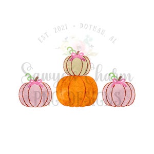 May include: Three watercolour pumpkins with pink bows. The top pumpkin is cream coloured, the middle pumpkin is orange, and the bottom two pumpkins are pink. The text "EST. 2021 - DOTHAN, AL" is written in a circle around the pumpkins.