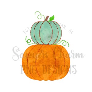 May include: A watercolour illustration of two pumpkins stacked on top of each other. The top pumpkin is a light blue colour and the bottom pumpkin is orange. The pumpkins have a vine with green leaves.