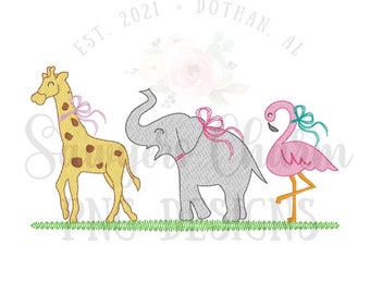 PNG faux sketch stitch embroidery Printable file/Sublimation/Heat Transfer Design/Digital Clipart, Giraffe, elephant, flamingo animals & bow