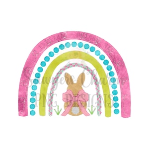 Aquarell druckbare Datei / Sublimation / Heat Transfer Design / digitale Clipart Osterhase Kaninchen Regenbogen, rosa Schleife, boho, Frühling