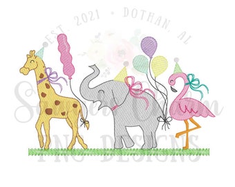PNG falso boceto puntada bordado Archivo imprimible/Sublimación/Diseño de transferencia de calor/Clipart digital, Jirafa de fiesta, elefante, flamenco y arcos