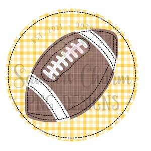 May include: A brown and white football with laces is on a yellow and white checkered background. The background has a circle around it with the text "EST. 2021 DOTHE".