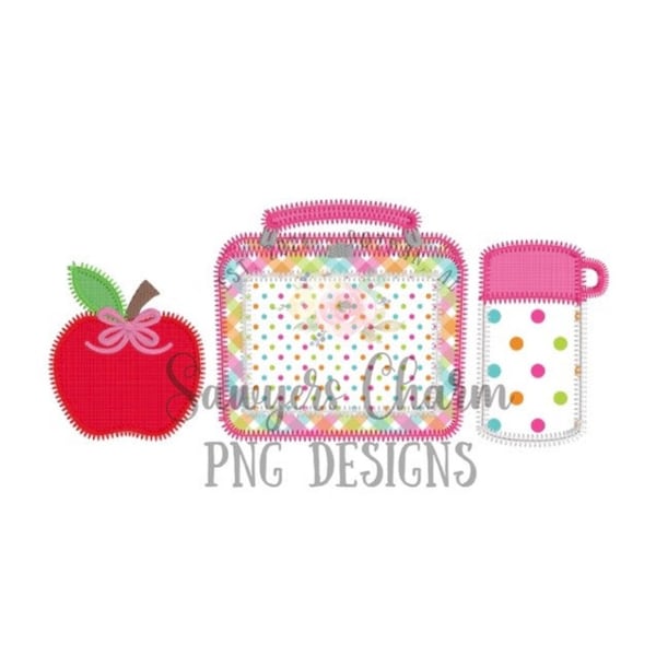 BUNDLE PNG faux applique Printable file - Sublimation Heat Transfer Design Digital Clipart - Lunch box, thermos, apple trio with/without bow