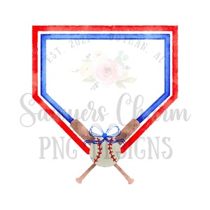 May include: A watercolour baseball-themed design featuring a red and blue home plate shape with a baseball and crossed bats. The design includes a floral arrangement and text that reads "Sawyers Charm PNG Designs".