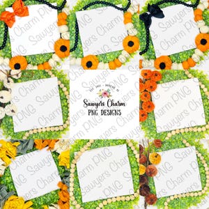 Op de afbeelding: Een verzameling herfstkransen met blanco witte vierkanten voor tekst. Elke krans heeft een groene basis, versierd met oranje pompoenen, witte kralen en decoratieve strikken. Perfect voor seizoensgebonden knutselwerk en ontwerpen.