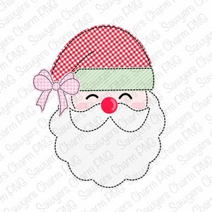 May include: A cartoon Santa Claus face with a red and white checkered hat, a green brim, a pink bow, and a white beard.